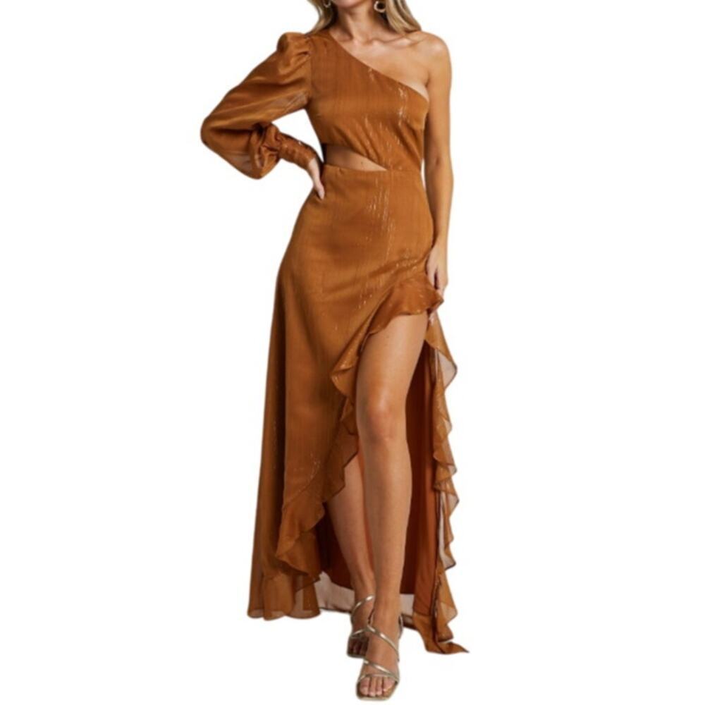 Showpo. Nicha Maxi Dress One Shoulder High Low Metallic Rust Orange Women 16